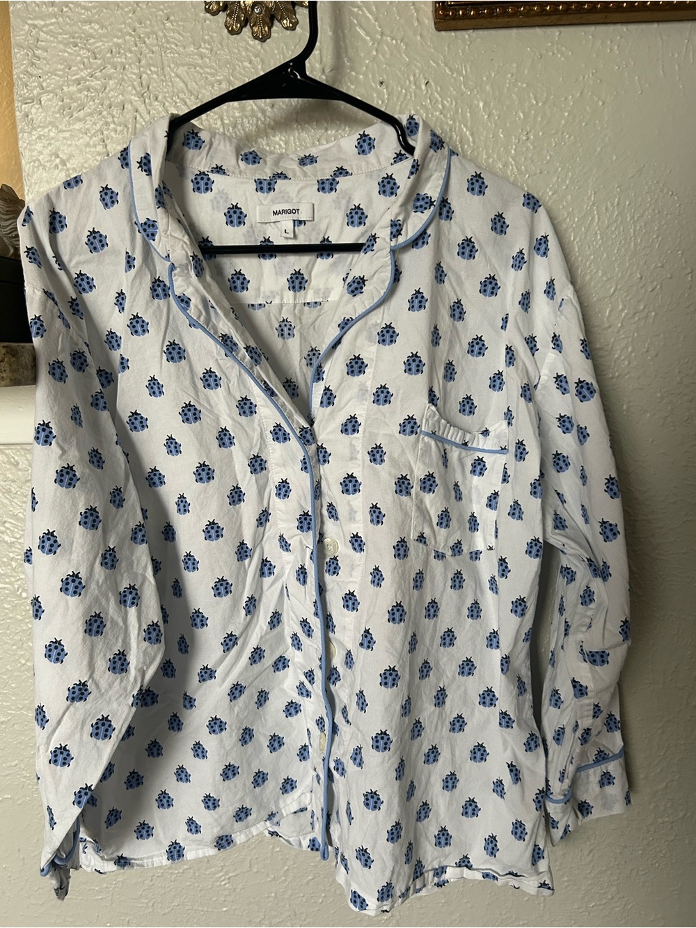 MARIGOT Womens Ladybug Pajama Shirt Button Down Size L Cotton